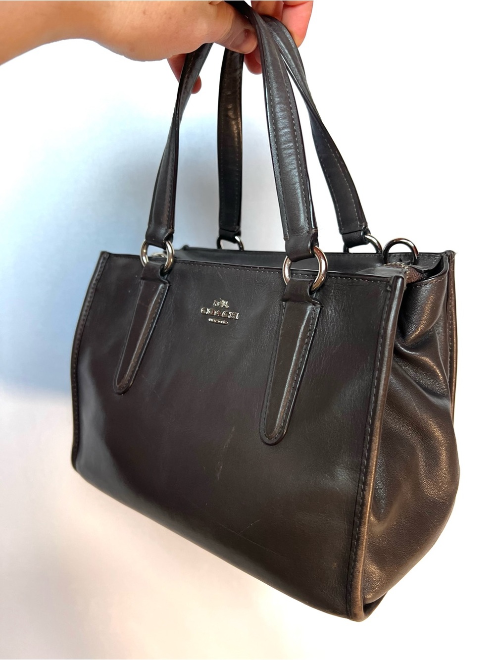 Coach Dark Taupe Small Leather Tote Satchel Bag Silver Hardware - Picture 5 of 14